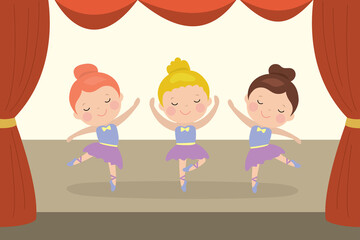 Three cartoon girls ballerinas dance on stage. Ballet dancer schoolgirl.