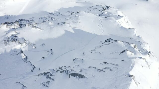 skier freeriding with a great drone view