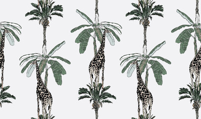 Flying Giraffe on Palms Seamless Pattern, Vertical Tropical Trees with Wildlife Safari Animals, Seamless Pattern Nursery Design
