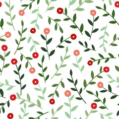 Mini Red Flower with Green Leaf Seamless Pattern