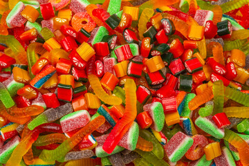 Assorted gummy candies. Top view. Jelly  sweets background.