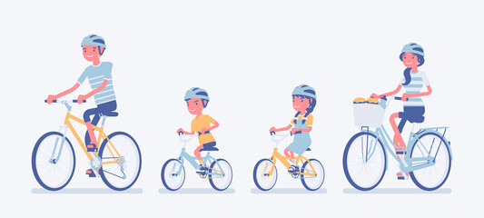 Happy family enjoying bike ride. Father, mother, son and daughter together in a sport activity riding bicycles. Positive friendly outdoor recreation or fun. Vector flat style cartoon illustration