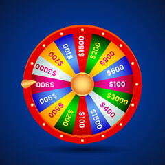 realistic wheel of fortune on blue background with shadow.