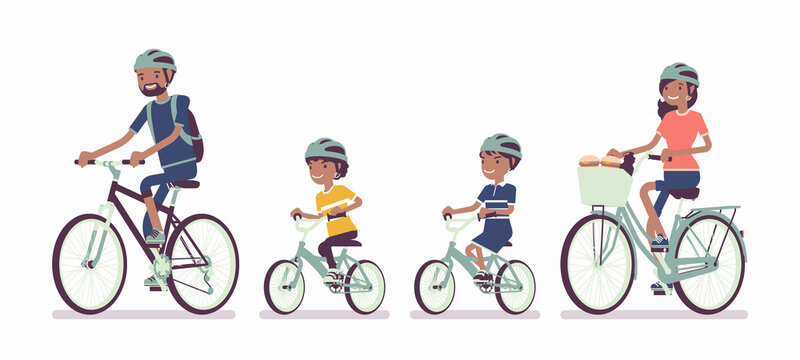 Happy black family enjoying bike ride. Father, mother, son and daughter together in sport activity riding bicycles. Positive friendly outdoor recreation or fun. Vector flat style cartoon illustration