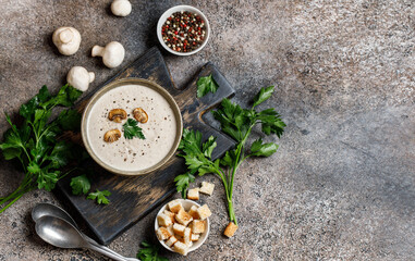 Mushroom cream soup on dark background. Champignon soup