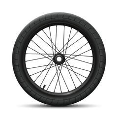 Black rear wheel bicycle BMX. Sports tire with universal tread and marking, rim, spokes, valve and hub. Vector bike parts