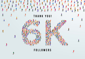 Thank you, 6k or six thousand followers celebration design. Large group of people form to create a shape 6k. Vector illustration.