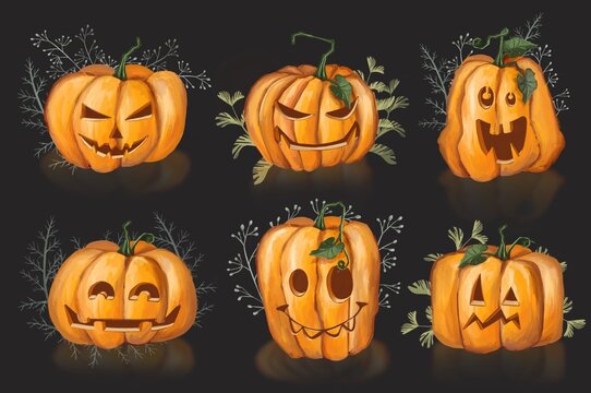Cute halloween pumpkins. Isolated on white background. Flat style illustration.