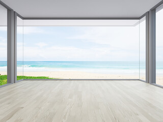 Sea view large living room of luxury summer beach house with big glass window and wooden floor. Interior 3d illustration in vacation home or holiday villa.