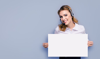 Call Center Service. Customer support or sales agent. Businesswoman or caller phone operator holding empty paper sign board banner with copy space. Helping, answering, consulting. Isolated over grey.