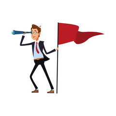 elegant businessman with telescope and success flag comic character icon