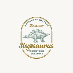 Prehistoric Creature Dinosaur Abstract Sign, Symbol or Logo Template. Hand Drawn Stegosaurus Reptile with Retro Typography in a Frame. Vector Emblem Concept.