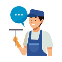 housekeeping male worker with clean glass brush and speech bubble