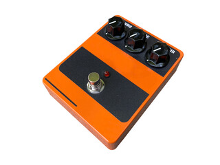 Isolated orange overdrive stompbox electric guitar effect for studio and stage performed on white background with clipping path. side view photo. music concept.