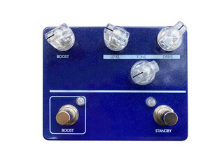 Isolated Blue dual-channel overdrive stompbox electric guitar effect for studio and stage performed...
