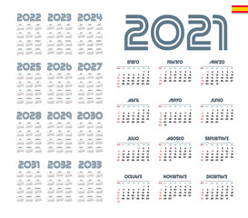 Spanish calendar 2021 - 2033 on white background, week starts on Sunday