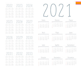 Spanish calendar 2021 - 2033 on white background, week starts on Sunday