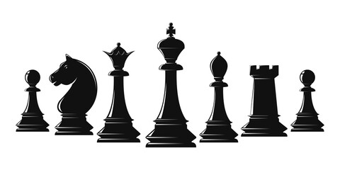 Set of black chess pieces. Chess piece icons. Board game. Vector illustration isolated on white