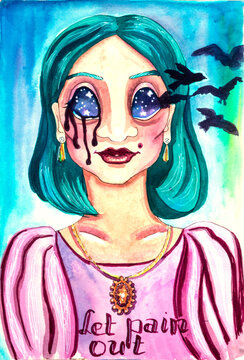 A cartoon style character wearing vintage clothes with cosmos and crows flying from her eyes. Beautiful girl with green hair feeling pain and being hurt