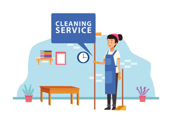 housekeeping female worker with broom and dustpan avatar character