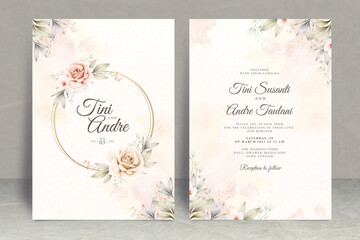 Wedding invitation card set template with flowers and leaves watercolor