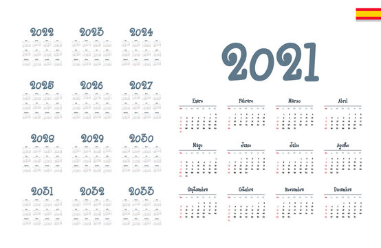 Spanish calendar 2021 - 2033 on white background, week starts on Sunday