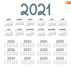 Spanish calendar 2021 - 2033 on white background, week starts on Sunday