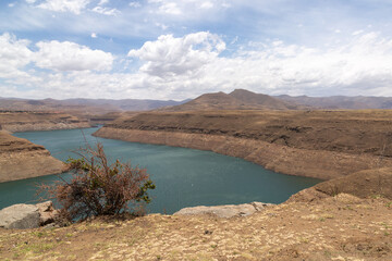 Naklejka premium Katse Dam on the boder of Leribe and Thaba-Tseka District, Kingdom of Lesotho, southern Africa