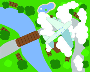 Plane flies over the park, top view, a vector chart