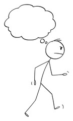 Vector cartoon stick figure drawing conceptual illustration of angry man walking away with empty thought bubble or balloon ready for your text.