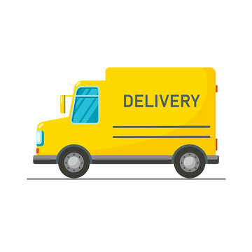Yellow delivery truck isolated on white background. Vector flat illustration. Design online express delivery service, postal service concept. Template for website, landing