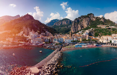 Aerial view high pesolution panorama of the Amalfi city, Summer day. Travel and vacation to Europe...