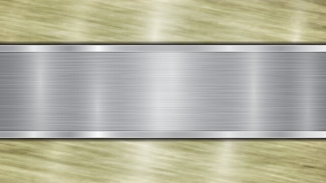 Background consisting of a golden shiny metallic surface and one horizontal polished silver plate located centrally, with a metal texture, glares and burnished edges