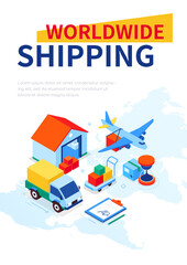 Worldwide shipping - modern colorful isometric web banner