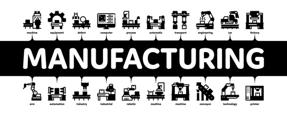 Manufacturing Process Minimal Infographic Web Banner Vector. Manufacturing Conveyor Car And Products, Factory Computer Settings And Robot Arm Illustration