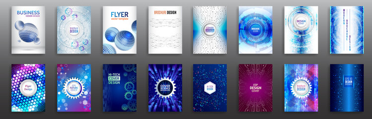 Set of Science and innovation hi-tech background. Flyer design of tech elements. Futuristic business cover layout. Technology modern brochure templates.