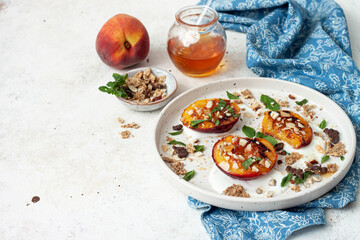 Grilled peaches, apricots, nectarines,  yogurt, mhttps://asn.ftcdn.net/jpg/03/69/28/85/220_F_369288547_2awG1VwrkMsxh6uCvUTdfEmyZCwBoSDh.jpgint and nuts