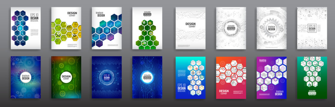 Abstract Technology Cover With Hexagon Elements. Set Of High Tech Brochure Design Concept. Futuristic Business Layout. Digital Poster Templates.