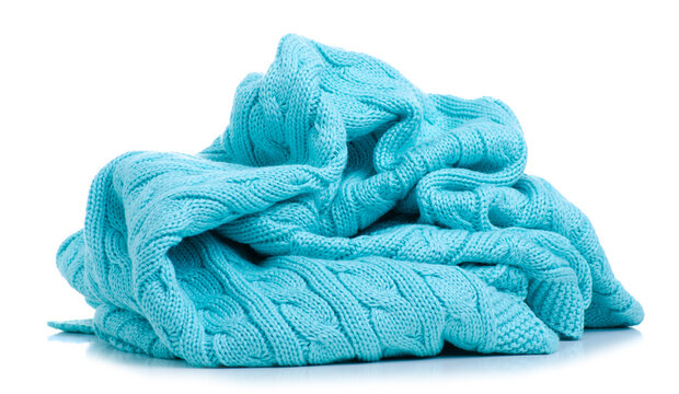knitted mint green blanket on white background isolation, top view