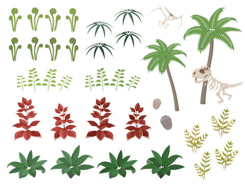 恐竜時代の植物と化石のイラスト素材セット_先史時代_太古