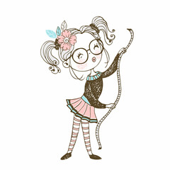 Cute girl seamstress sews on a sewing machine dress. Doodle style. Vector.