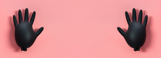 Fototapeta premium Inflated black medical gloves on a pink background. Banner. Prevention of coronavirus, covid-19. Minimal healthcare concept.
