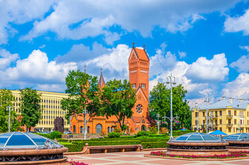 Saints Simon and Helena Roman Catholic church or Red Church on Independence Square in Minsk city...