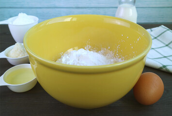 Ingredients for baking Brazilian cheese bread or Pao de Queijo in the kitchen