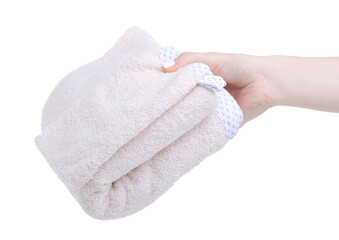 Folded baby towel in hand on white background isolation