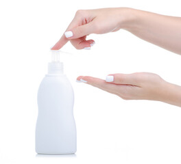 White bottle with dispenser soap in hand on white background isolation