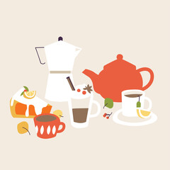 Vector illustration autumn mood. Fall season items background. Forest dried leaves, pumpkins, berries, hot drinks decorative composition. Seamless pattern.