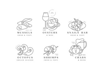 Vector set template logos and icons for seafood products- octopus, srimps, mussels, snails, crabs, oysters. Emblems for restaurant and cafe.