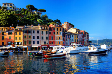 Beautiful Portofino cityscape, best touristic Mediterranean place with typical colorful buildings and famous luxury harbor, Portofino, Liguria, Cinque Terre, Italy, Europe