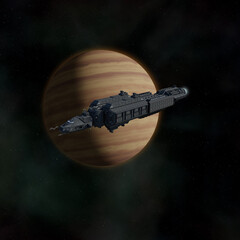 Fototapeta na wymiar Science fiction illustration of a starship passing gas giant alien planet in outer space, 3d digitally rendered illustration